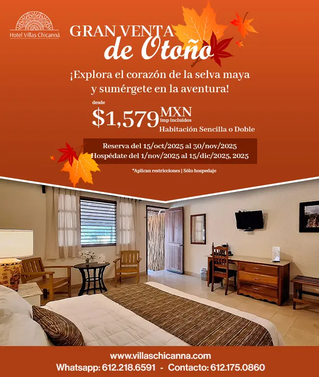 Oferta Especial de Otoño, Hospedaje Hotel Villas Chicanná, Hotel en Xpujil, Campeche